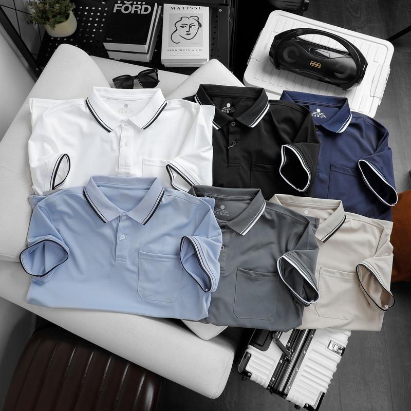 Áo Polo nam nữ có túi ABFIT cổ bẻ thun CVC co dãn thoáng mát , hút mồ hôi , phối trơn viền ngắn tay trẻ trung cotton  Menswear Shirt trắng đen , cho bố A42 Nhung Tre Có Cổ áo pull thường