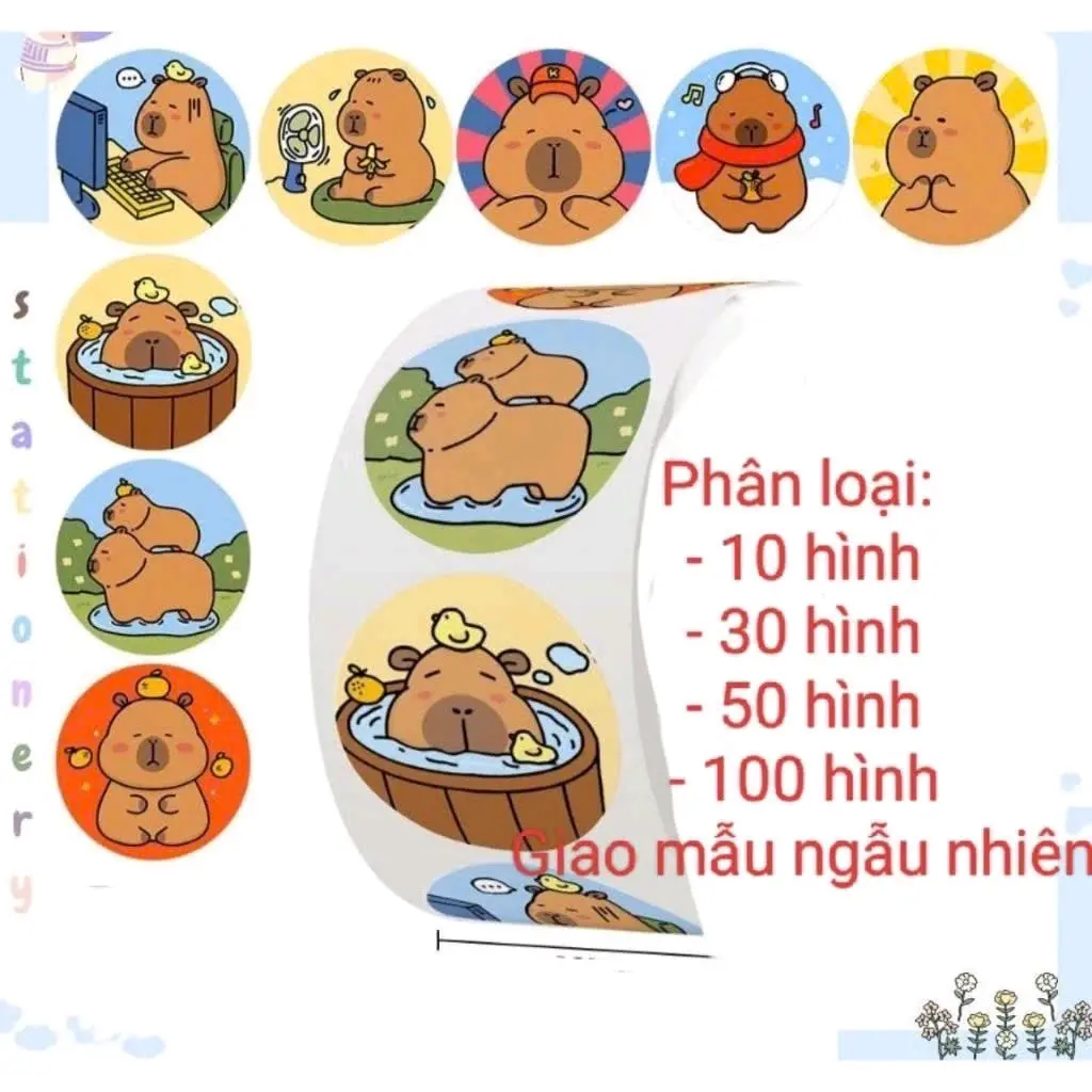 1k - Tách lẻ 100 hình dán, sticker hình Capybara đáng iu (không giao cuộn)