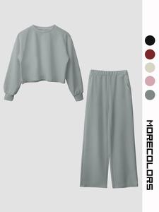 Two-Piece Set Women's Solid Drop Shoulder Crop Pullover & Wide Leg Pants Set, Casual Fashion Cozy Round Neck Long Sleeve Top & Trousers for Daily Outdoor Wear, Ladies Clothes for All Seasons