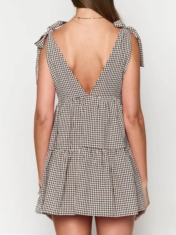 Women's Plaid Print Bow Decor Tie Shoulder Sleeveless Dress, Casual Fashion Gingham Dress for Daily Holiday Vacation Wear, Ladies Dress for Summer, Going Out Dresses, Womenswear, Casual Classy Dress, 7