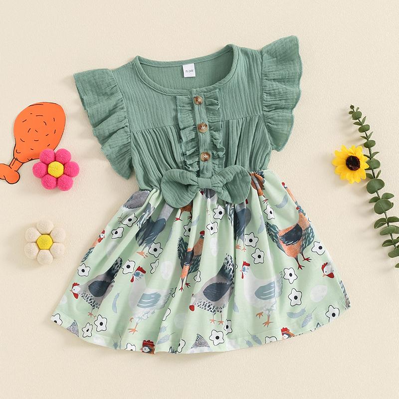 Product Introduction of Girls A-line Dress, Fly Sleeve Crew Neck Bow Chicken Print Casual Dress Summer Dress 46
