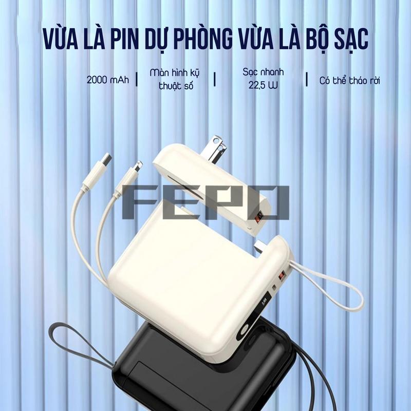 SẠC DỰ PHÒNG FEPO màn hình Led thể hiện dung lượng pin ,tích hợp cáp sạc siêu nhanh 22.5W CỔNG TYPE -C /LIGHTNING ,Đầu cắm có thể tháo rời vừa là sạc dự phòng vừa là cục sạc. Thực sự an toàn ổn định và sạc điện thoại nhanh chóng 