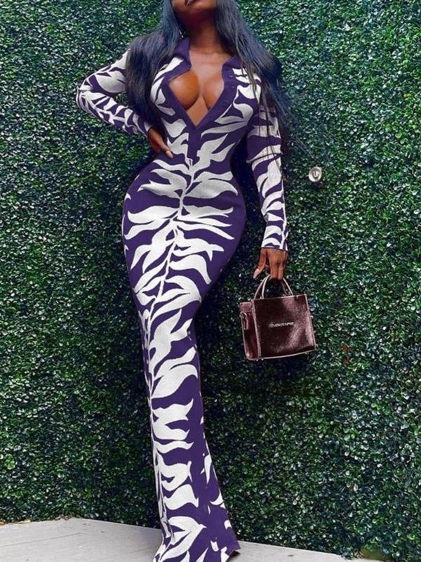 Women's All Over Print Button Front Bodycon Dress, Casual Long Sleeve Collared Maxi Dress for Party Club Dating Wear, Ladies Clothes for All Seasons 5