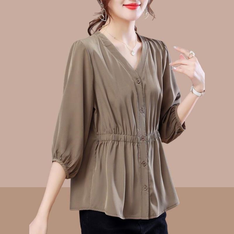Product Introduction of OEMG Women's Shirt Loose plus Size Spring and Summer New Three-Quarter Sleeve Cinched Blouse Chiffon Shirt Belly-Covering Slimming Top 12
