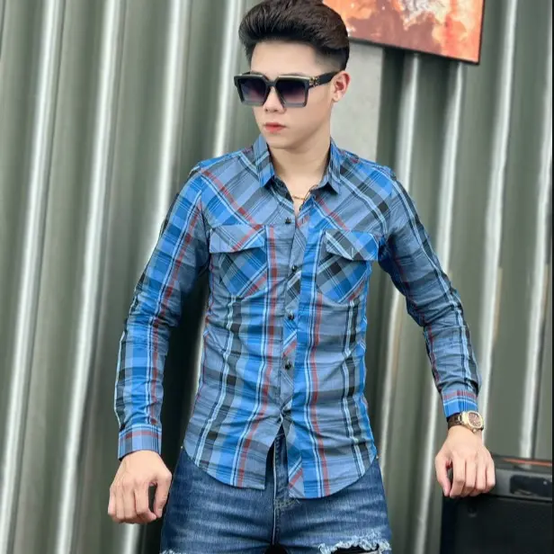 Áo sơ mi nam dài tay kẻ caro nhiều màu, dáng ôm body, có 2 túi - Có Cổ 2