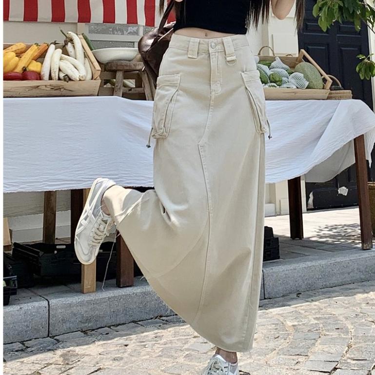 Chân váy jean nữ dáng dài cap cao dáng dài phong cách chân váy KABICO túi hộp xẻ trước_A40