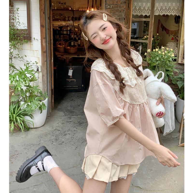 Áo sơ mi nữ cổ viền búp bê thêu hoa hồng nhạt, sơ mi nữ kiểu tay ngắn phồng phong cách dễ thương 5515 2
