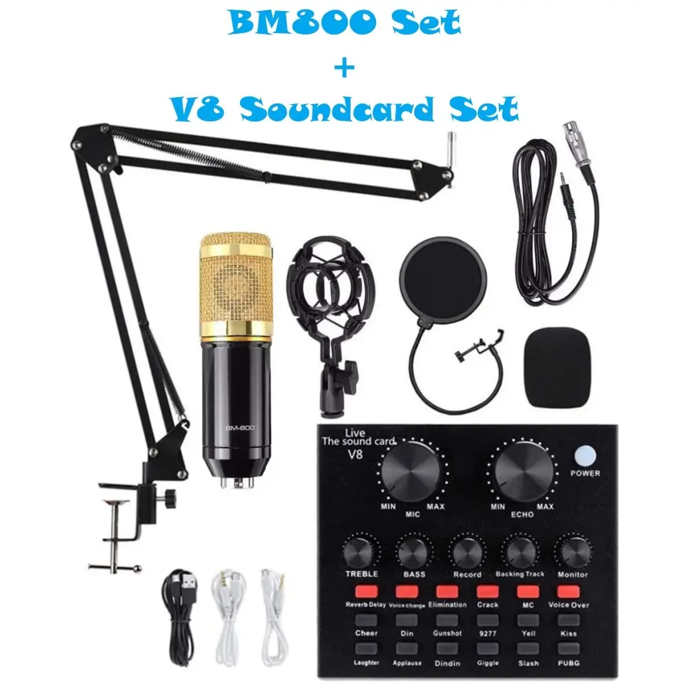 Bộ Micrô, V8 + BM800, Micrô Ngưng Tụ, Card Âm Thanh Trực Tiếp, Giao Diện Âm Thanh Bluetooth, Thích Hợp Cho Phòng Thu, Phát Trực Tiếp Và Ghi Âm, Tương Thích Với Điện Thoại Và PC