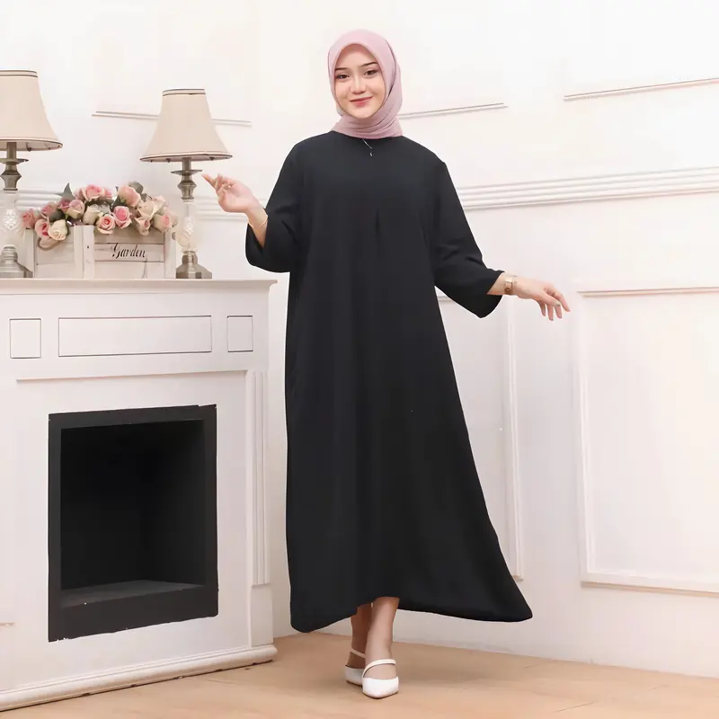 GAMIS LONG DAILY SEMI ABAYA LONG DRESS TANGAN 3/4 CRINKLE AIR FLOW Muslim Wanita Airflow Maxi Dewasa Syari Lebaran Panjang Remaja Daster Katun Basic Simple 4