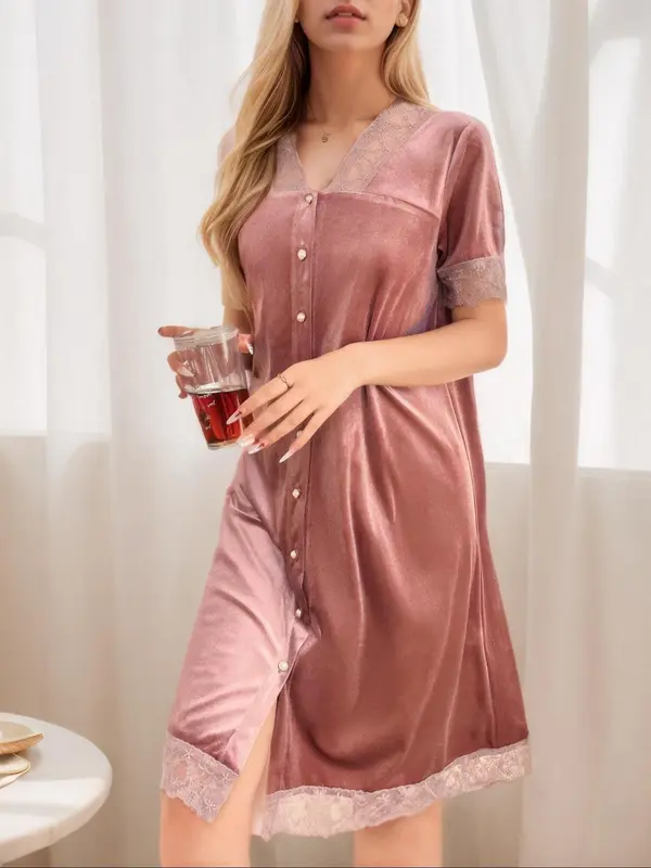 Women's Velvet V Neck Nightdress, Casual Soft Comfortable Short Sleeve Nightgown for All Seasons, Fashion Ladies' Sleepwear for Daily Wear 2