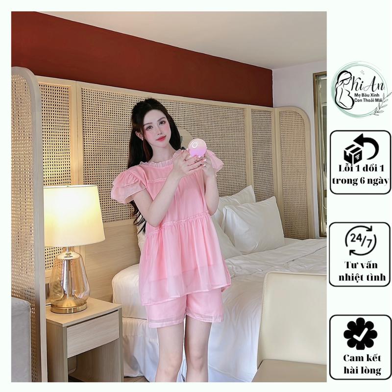 Bộ bầu tơ óng tay bèo 3 tầng 2 lớp cao cấp💕Đồ bộ bầu thiết kế sang chảnh mát mềm mịn💕Freesize 43~70kg B0905 Nữ Women Ong Áo Quần Ngủ Voi