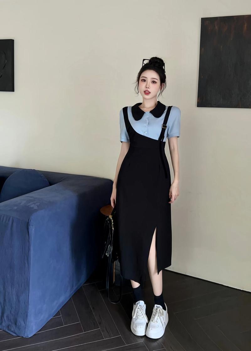 Product Introduction of 2024 Summer New Fashion Simple plus Size Women's Clothing Slim Fake Two Pieces Dress Short Sleeve Mid-Length Black Dress Casual Womenswear 4