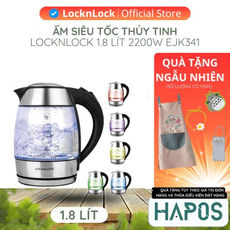 Ấm siêu tốc LocknLock 1.8L tùy chọn nhiệt độ sôi Chính hãng, chất liệu thủy tinh, 2200W đun nước sôi nhanh, đen LED đôi mau EJK341 - HAPOS