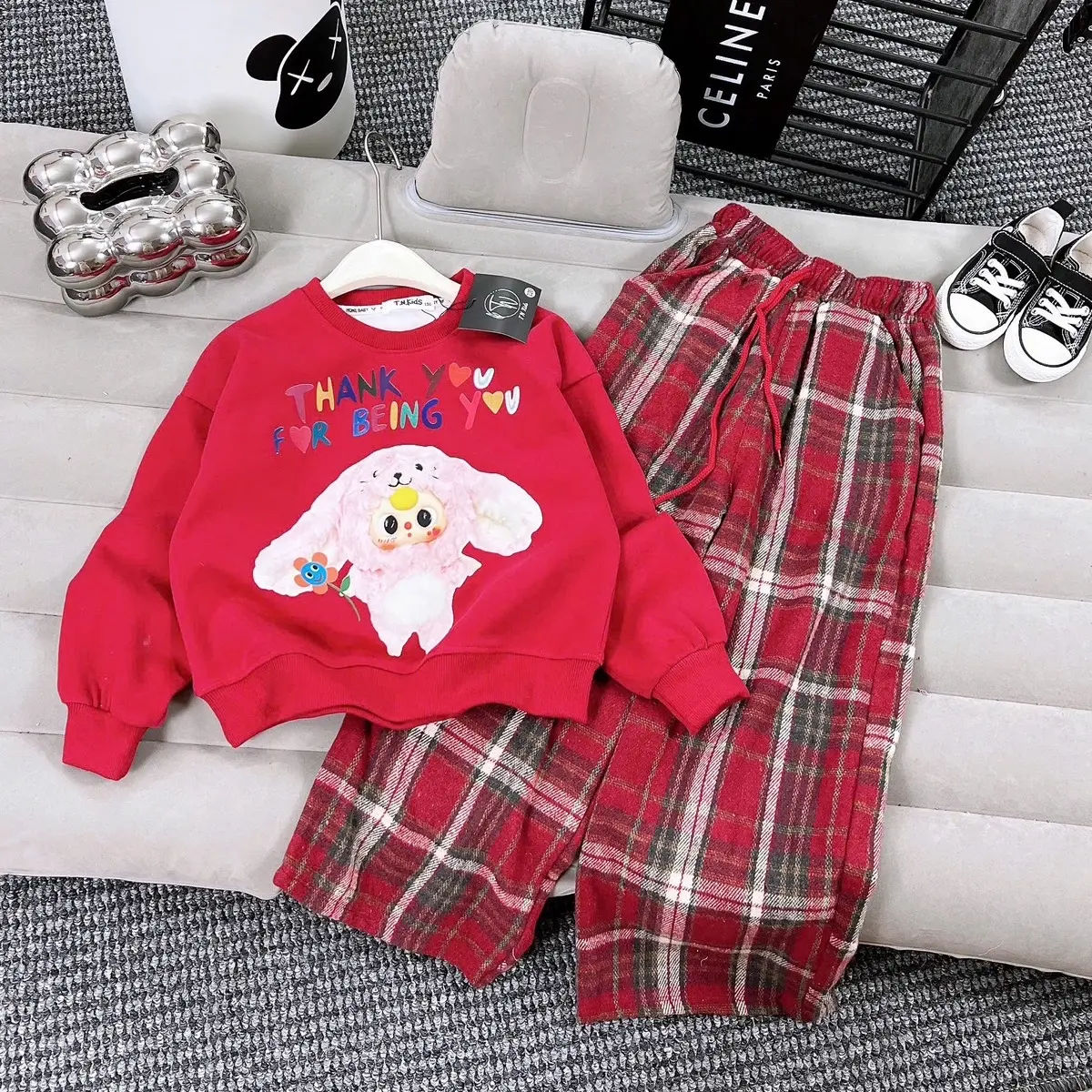 (24-53kg) bộ quần áo trẻ em, Sét Áo baby three quần dạ kẻ bé gái size đại