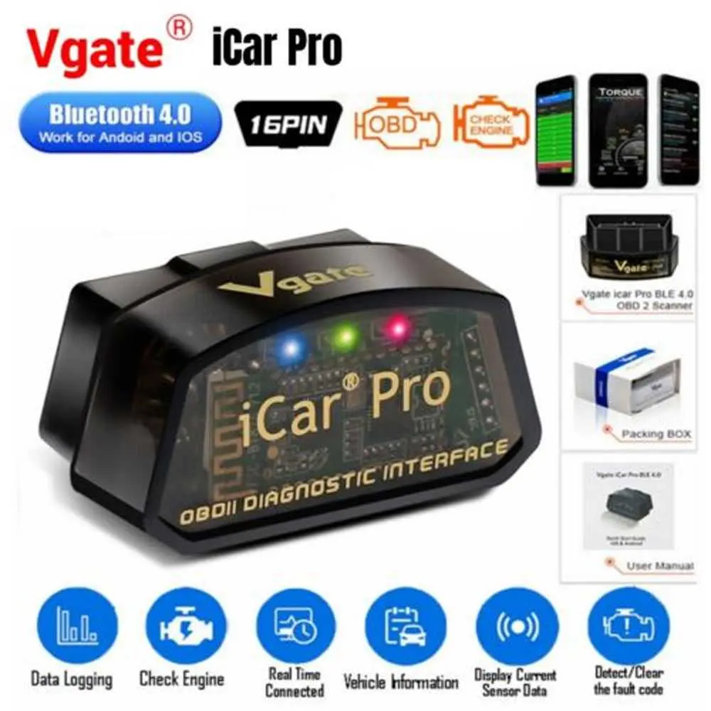Vgate iCar Pro OBD2 Scanner Code Reader Bluetooth 4.0 Alat Diagnostik Pintar ELM327 Kompatibel Universal untuk Kendaraan Standar OBD2 Desain Portabel Mudah Digunakan