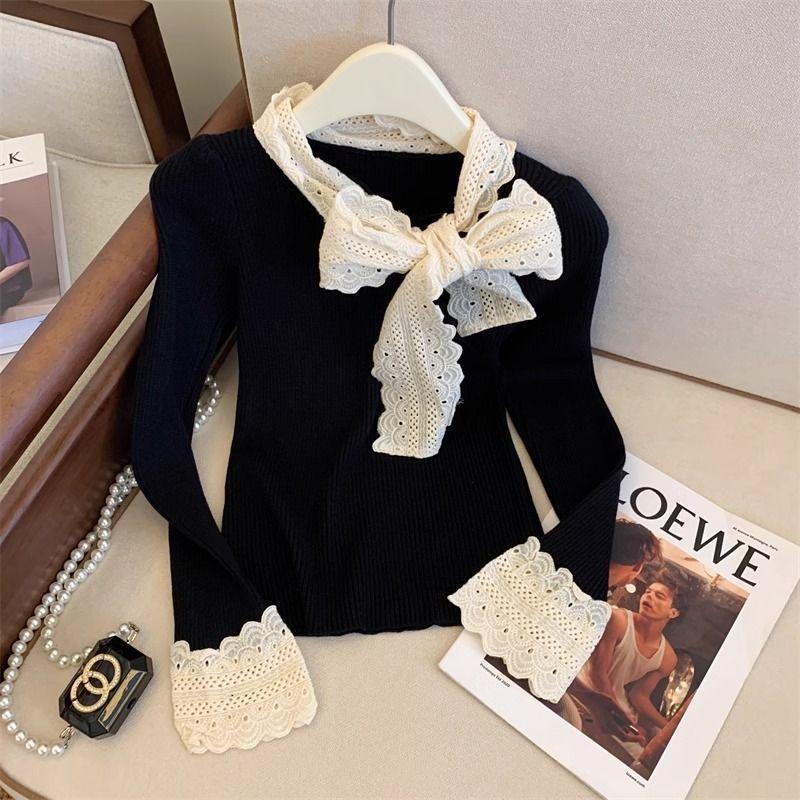 Mặc Trong Mùa Thu Và Mùa Đông, Thời Trang, Đồ Len Pháp, Bó Sát, Cao Cấp, Dệt Kim, Áo Nơ Ren Ngọt Ngào Nữ Top Women