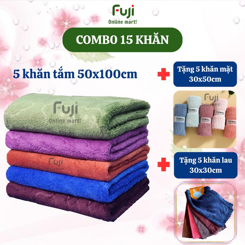   15 khăn : 5 khăn tắm 50x100cm tặng 5 khăn mặt 30x50cm tặng 5 khăn lau 30x30cm: khăn mềm mịn thấm hút không dổ lông không ra màu 