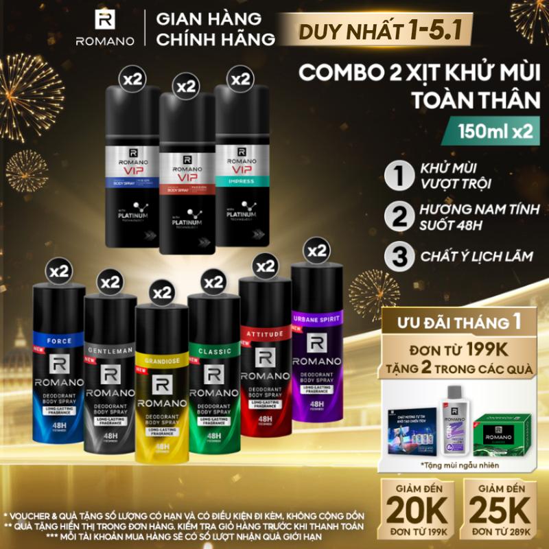 DUY NHẤT 1-5.1 ĐƠN 199K TẶNG 2 QUÀ Combo 2 Xịt Khử Mùi Toàn Thân Dưỡng Body Ngăn Mồ Và Mùi Cơ Thể cho nam Romano 150ml chai - 9 Mùi Hương Có Sẵn