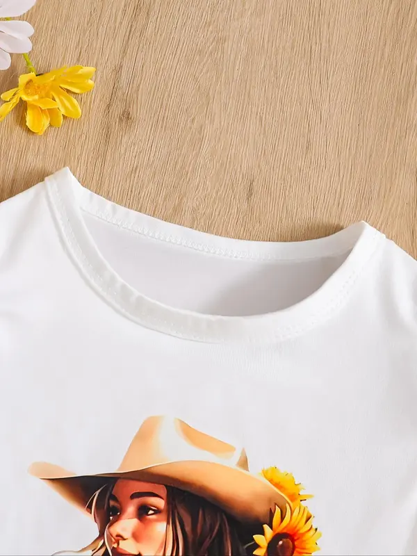 Toddler Girl's Sunflower Print Tee & Denim-Effect Print Skirt Two-Piece Set, Casual Short Sleeve T-shirt & Skirt for Summer, Kids Clothes for Daily Wear 4