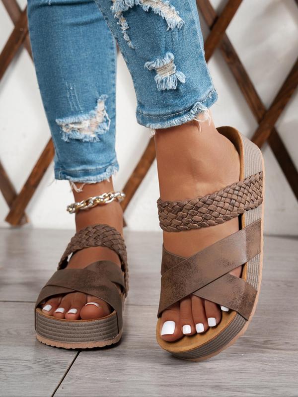 Women's Fashionable Plain Color Wide Band Platform Sandals, Casual Versatile Crossed Straps Sandals for Summer, Lightweight Breathable Comfortable Barefoot Shoes for Daily Wear, Girl 2