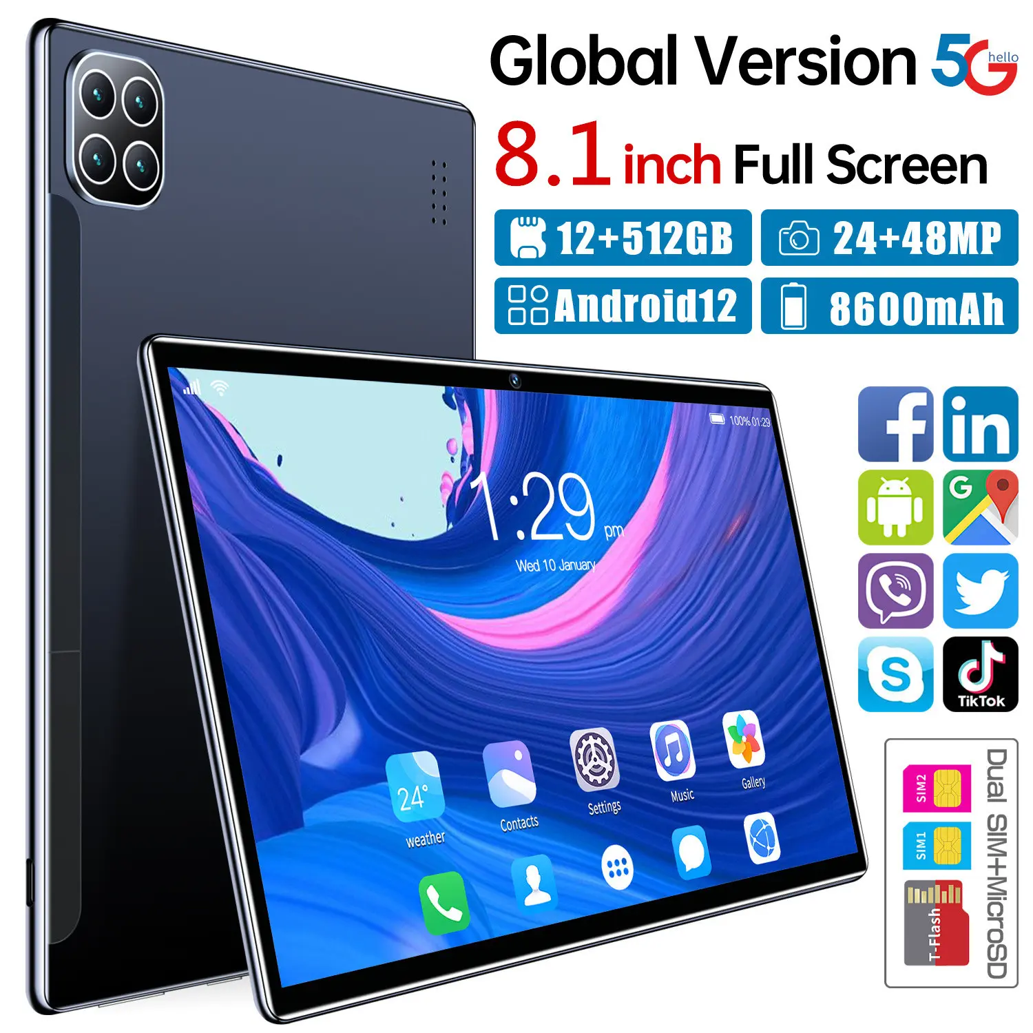 TIKTOK New Android 8inch 12+512G Tablet with Card Slot HD Eye Protection for Office and Study No Lag