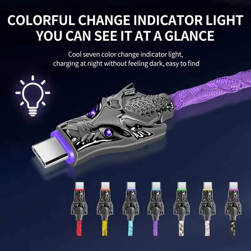 5A 100W LED Light Up Dragon Design USB-C Car Data Cable, Anti-spring Bending Design USB-C Cable, Durable Cable for Samsung Xiaomi OPPO Vivo 2