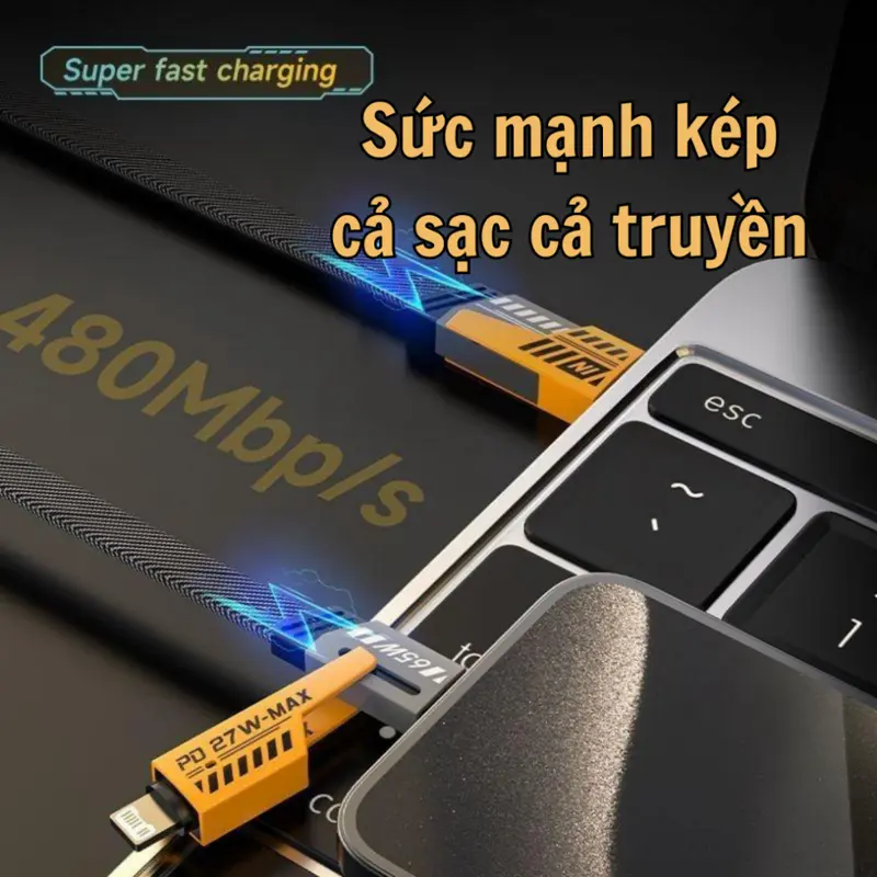 Dây sạc 4 in 1 - Sạc nhanh Ip, Androi, Laptop công suất 65w, bọc dù siêu bền, chống rối - Bảo hành 12 tháng lỗi 1 đổi 1 5