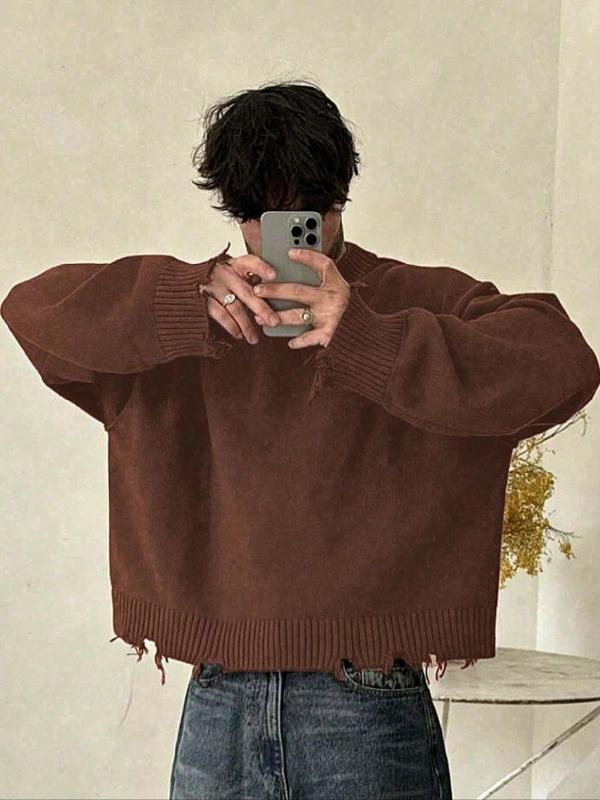 Men's Solid Ripped Drop Shoulder Sweater, Loose Casual Long Sleeve Round Neck Jumper for Fall & Winter, Men's Knitwear for Daily Wear 0