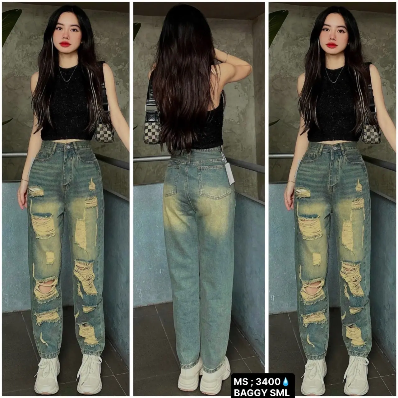 Quần Jean Nữ Rách Toàn THân Lai Thường Wash Dơ Rách S--3400 - Kem, Pants quanje andihoc