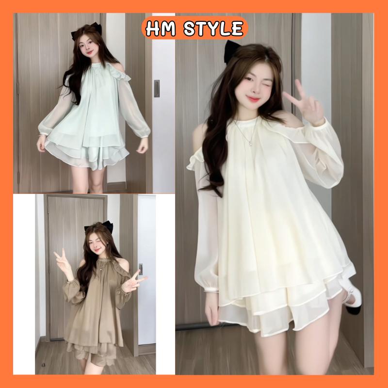  Set áo bèo hở vai tay bồng kèm chân váy xoè có lót trong set bộ đồ nữ chất voan tơ phong cách dễ thương HB601 