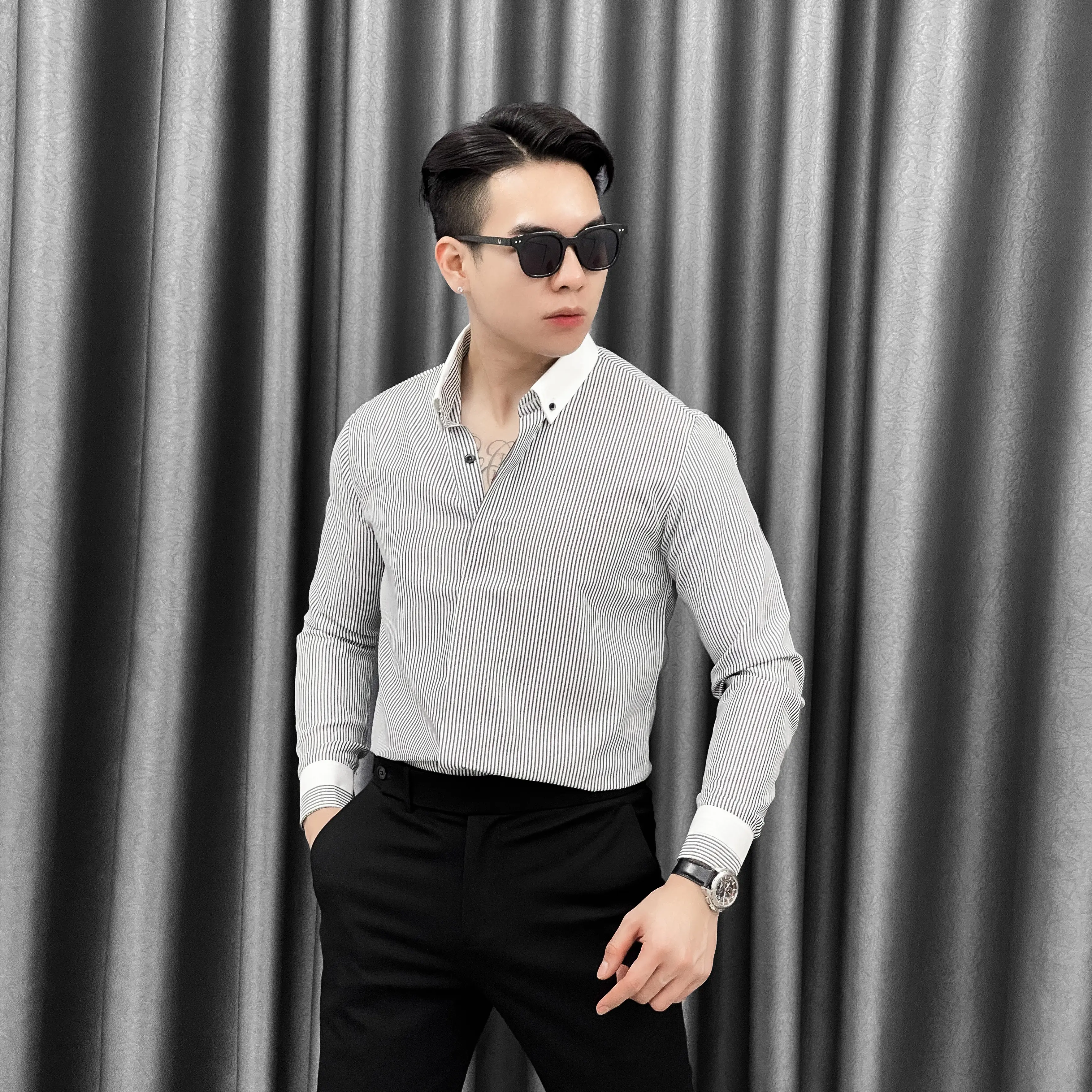 Áo sơ mi Lux sọc dọc đen mix trắng EZTN