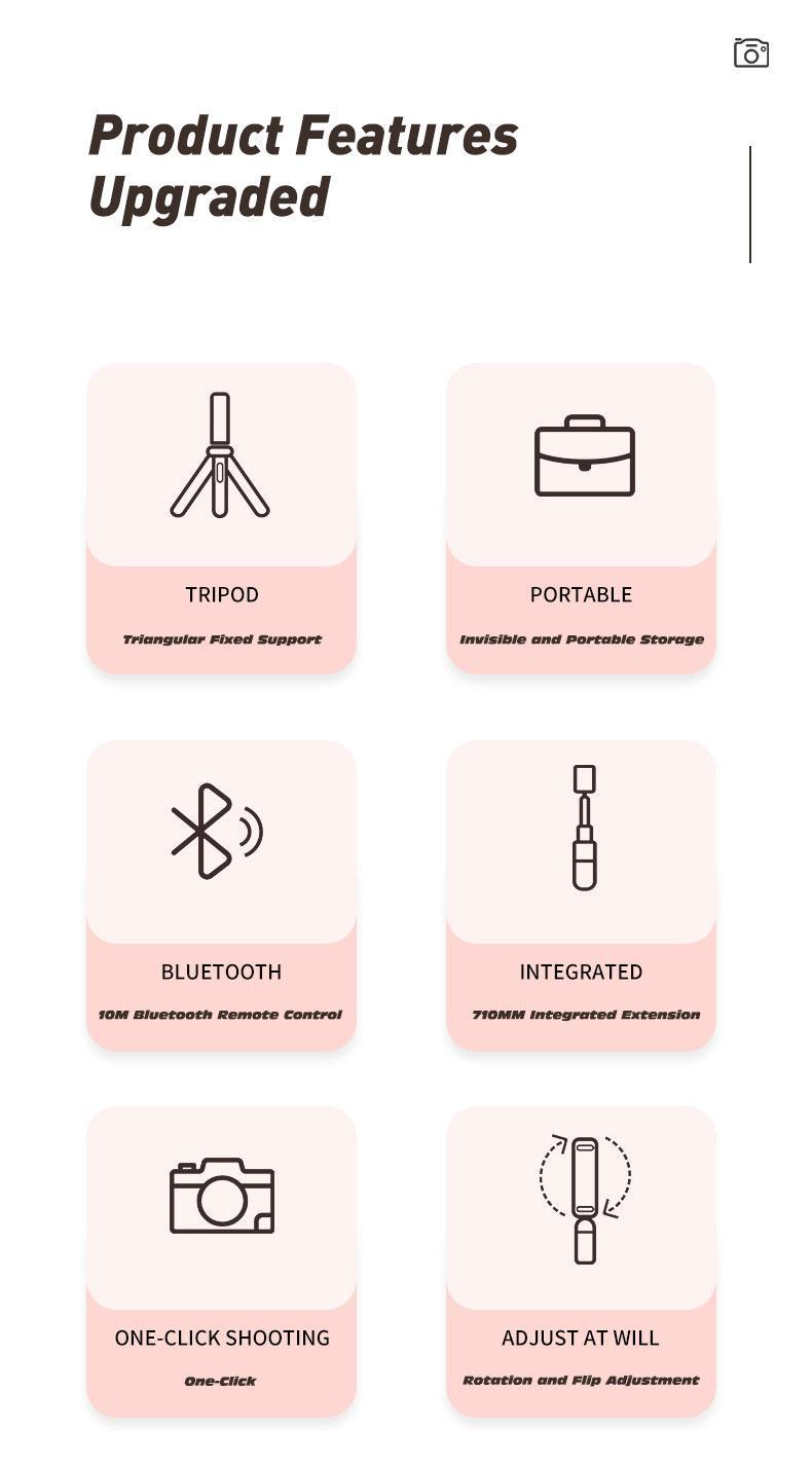Product Introduction of tripod selfie stick Mobile phone selfie stand wireless bluetooth selfie stick. Handheld telescopic selfie tripod bluetooth remote control non-slip selfie stick Accessory Smartphone Cellphone 1