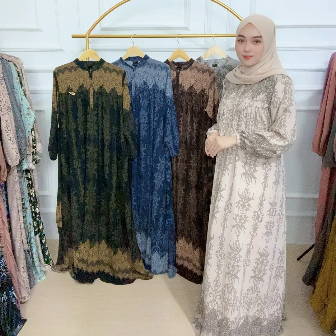 Kalina Dress Gamis Motif Bahan Aleva dan Rayon Muat dari BB 40 kg sampai 100 kg Wanita Muslim Dewasa