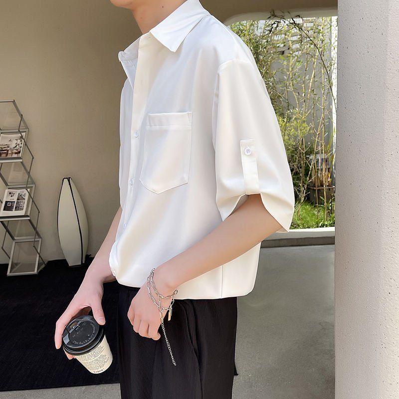 Product Introduction of Summer Ice Silk Thin Shirt Men's Short Sleeve Korean Style Trendy Five-Quarter Sleeve Shirt Mature Style Cool Men's Top Closed 23