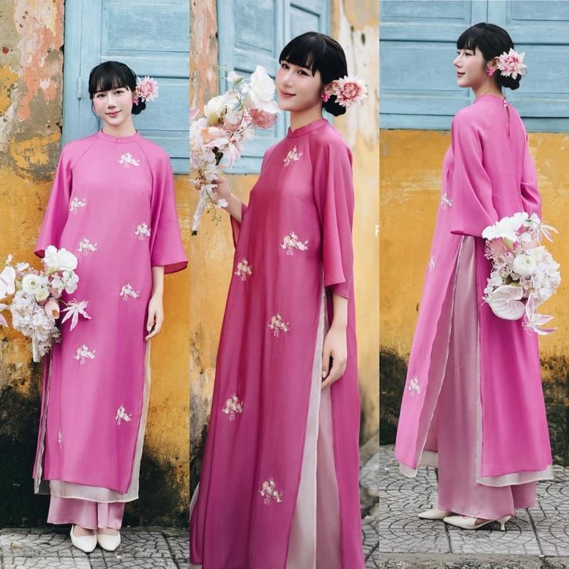 Petbychang - Áo dài Di Nhiên thêu hoa dáng cách tân, tone hồng sen nhẹ nhàng tôn da