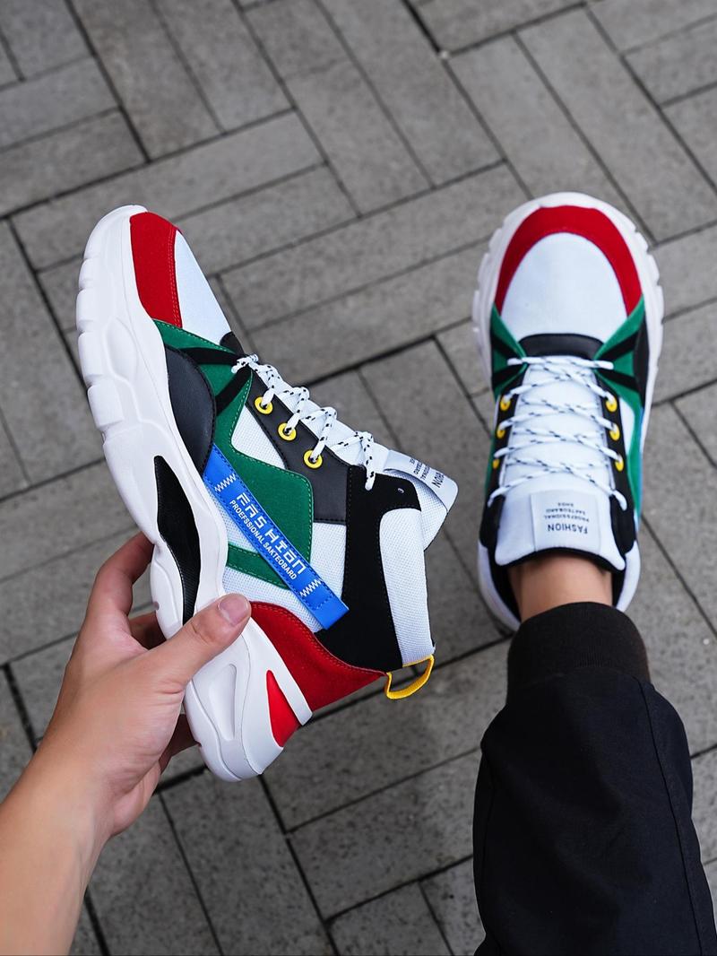 Product Introduction of Men's Trendy Colorblock Letter Patchwork Lace up High Top Sneakers, Casual Versatile Comfortable Chunky Shoes for Outdoor Sports 13