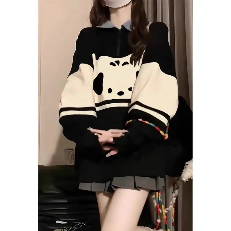 American-Style Retro College Style Color Matching Half Zipper Sweater Women's Autumn and Winter Wild Solid Color Small Polo Collar Fashionable Top Knitwear Womenswear Comfort Animal Longsleeve
