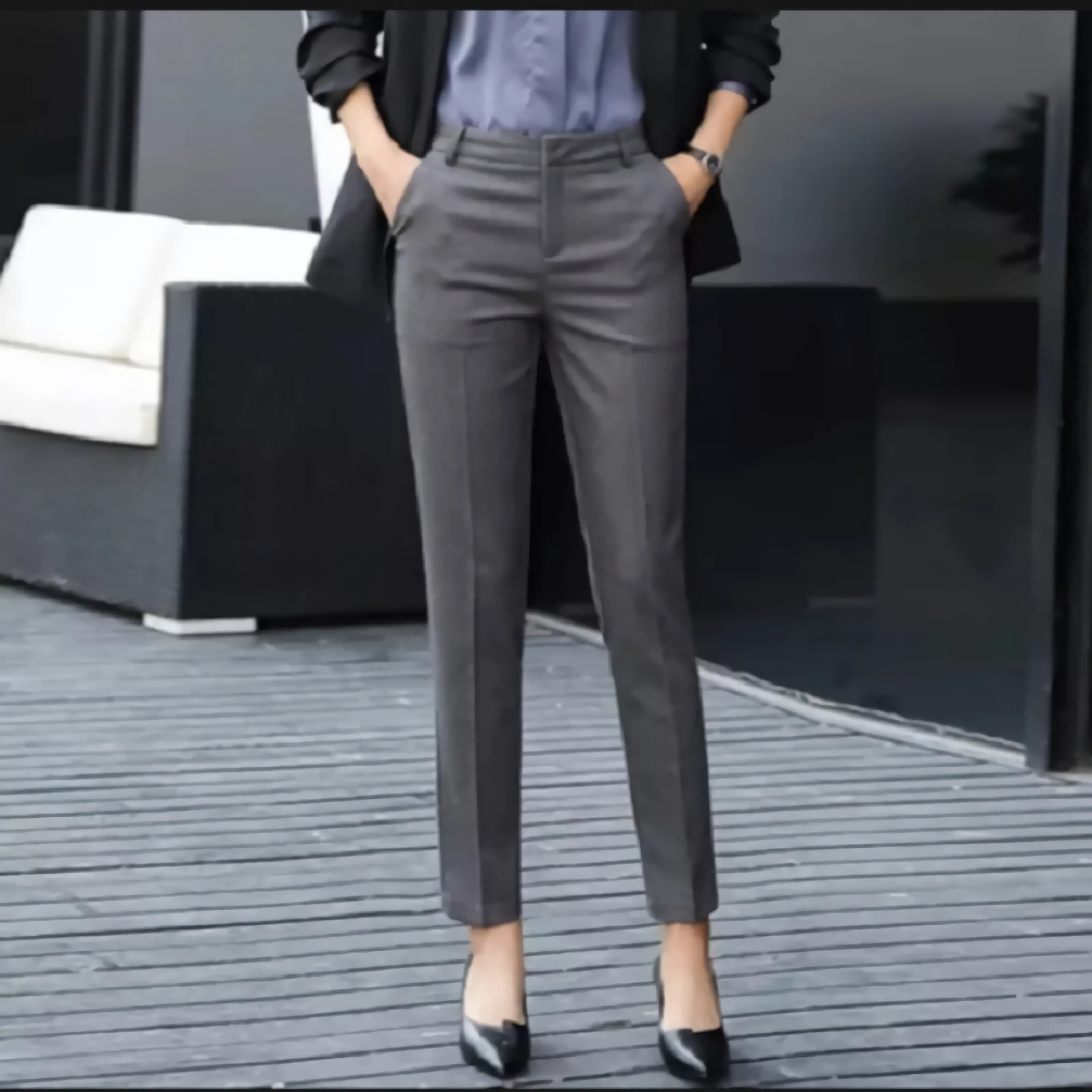 CELANA KERJA WANITA BAHAN KAIN DASAR WOOLL nyaman Slim Fit Kaki Formal Panjang Kantor Hitam silver abu tua size dari S sampai 5XL Kulot Linen Basic