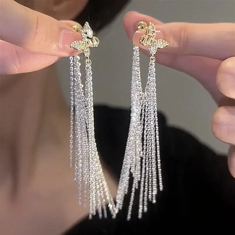 Fashionable High-end Delicate Light Luxurious Butterfly Waterfall Tassel Earrings Niche Temperament Fashion Retro Ear Accessories Trend