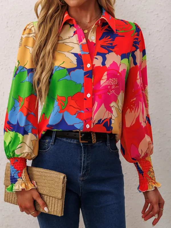 Women's Floral Print Button Front Shirred Blouse, Trendy Casual Long Sleeve Collared Top for Daily Wear, Ladies Clothes for All Seasons 4