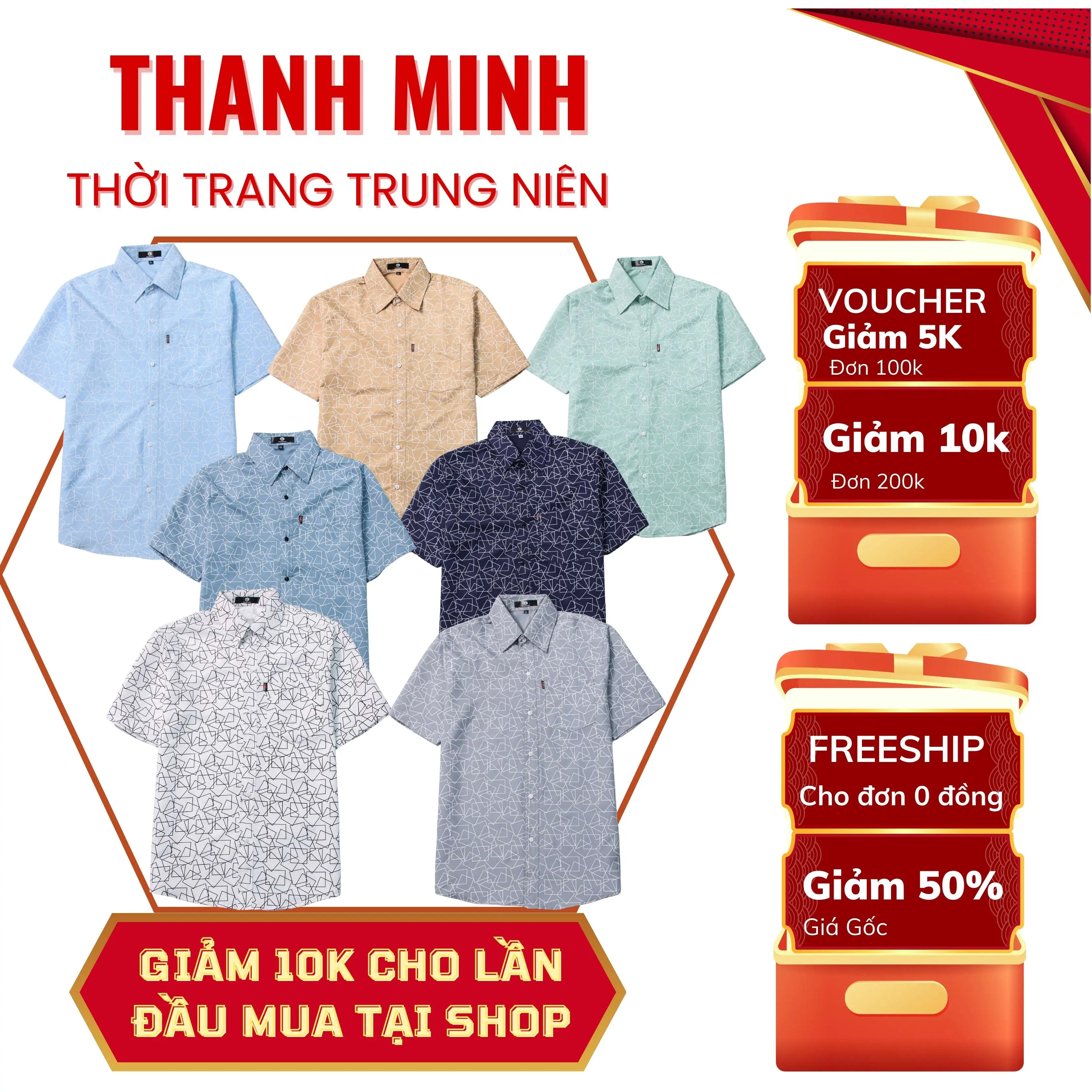 Áo Sơ Mi Trung Niên Ngắn Tay vải lụa, vạt bầu họa tiết hình vuông và chữ nhật đan chéo nhau, bảng 7 màu đa dạng.