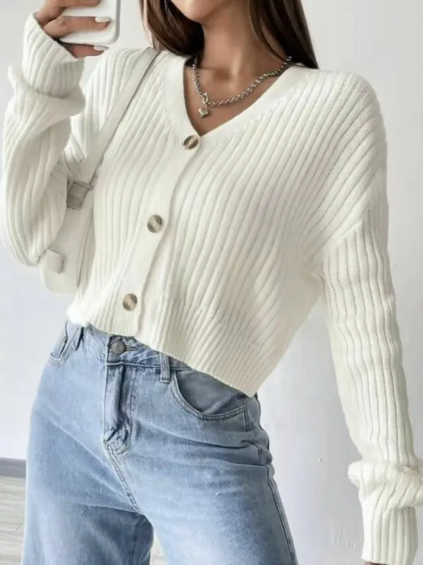 Women's Plain Button Front Sweater Cardigan, Casual Long Sleeve V Neck Jumper Cardigan for Spring & Fall, Fashion Women's Knitwear for Daily Wear, Tops 1