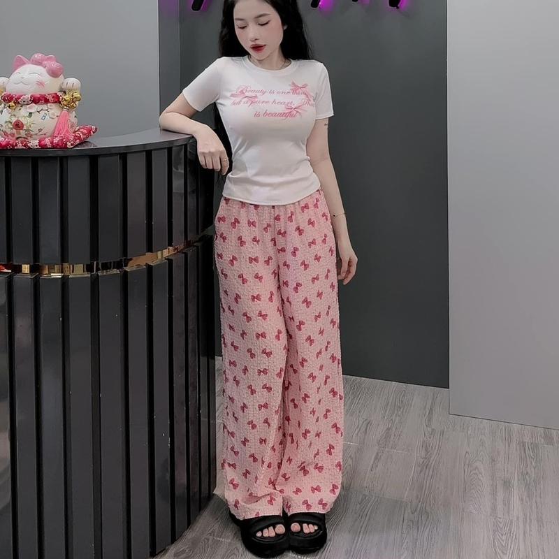 có big size ms230 SET BỘ ĐỒ ÁO FORM NGẮN. THUN GÂN TĂN KÈM NƠ. QUẦN SUÔNG CHẤT ĐŨI IN FULL CARO NHÍ Nữ Women Top Kem Xanh Nhung
