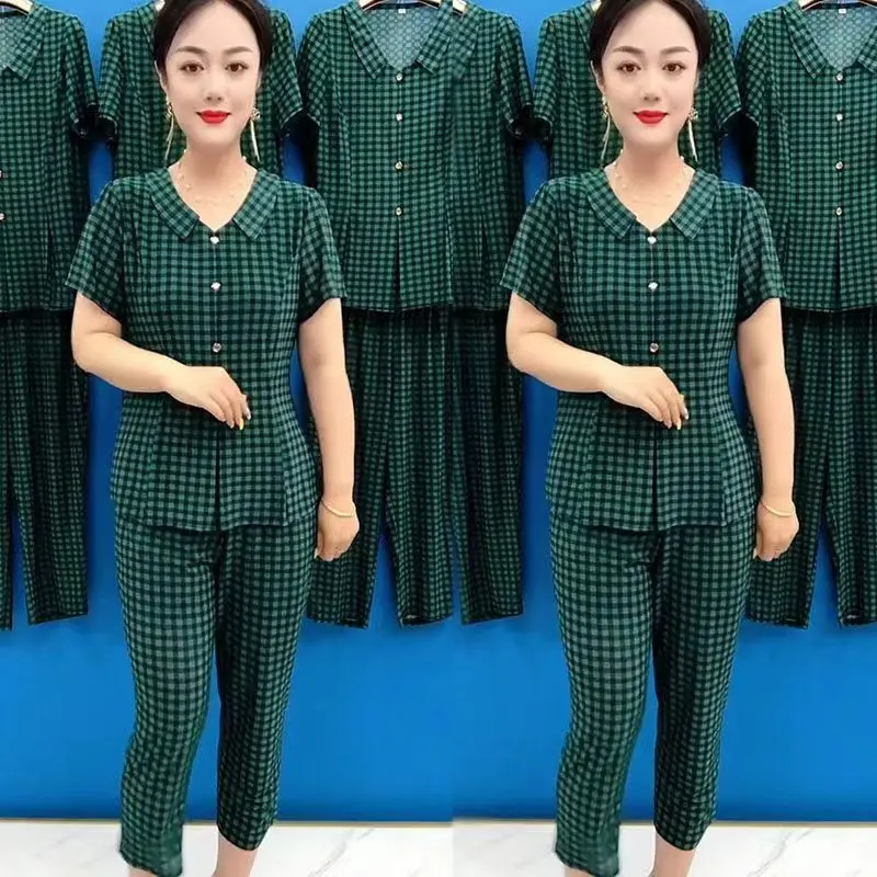 Quần Áo Mùa Hè Cho Mẹ, Bộ Đồ Hai Mảnh ngắn Tay, Bộ Đồ Nữ Trung Người Già Và Cao Tuổi, Bộ Áo Phông Cổ Tròn, Áo Sơ Mi Nhỏ Dáng Rộng Vừa Vặn, Thích Hợp Cho Phụ Nữ 50 Đến 60 Tuổi, Phong Cách Y2g 6