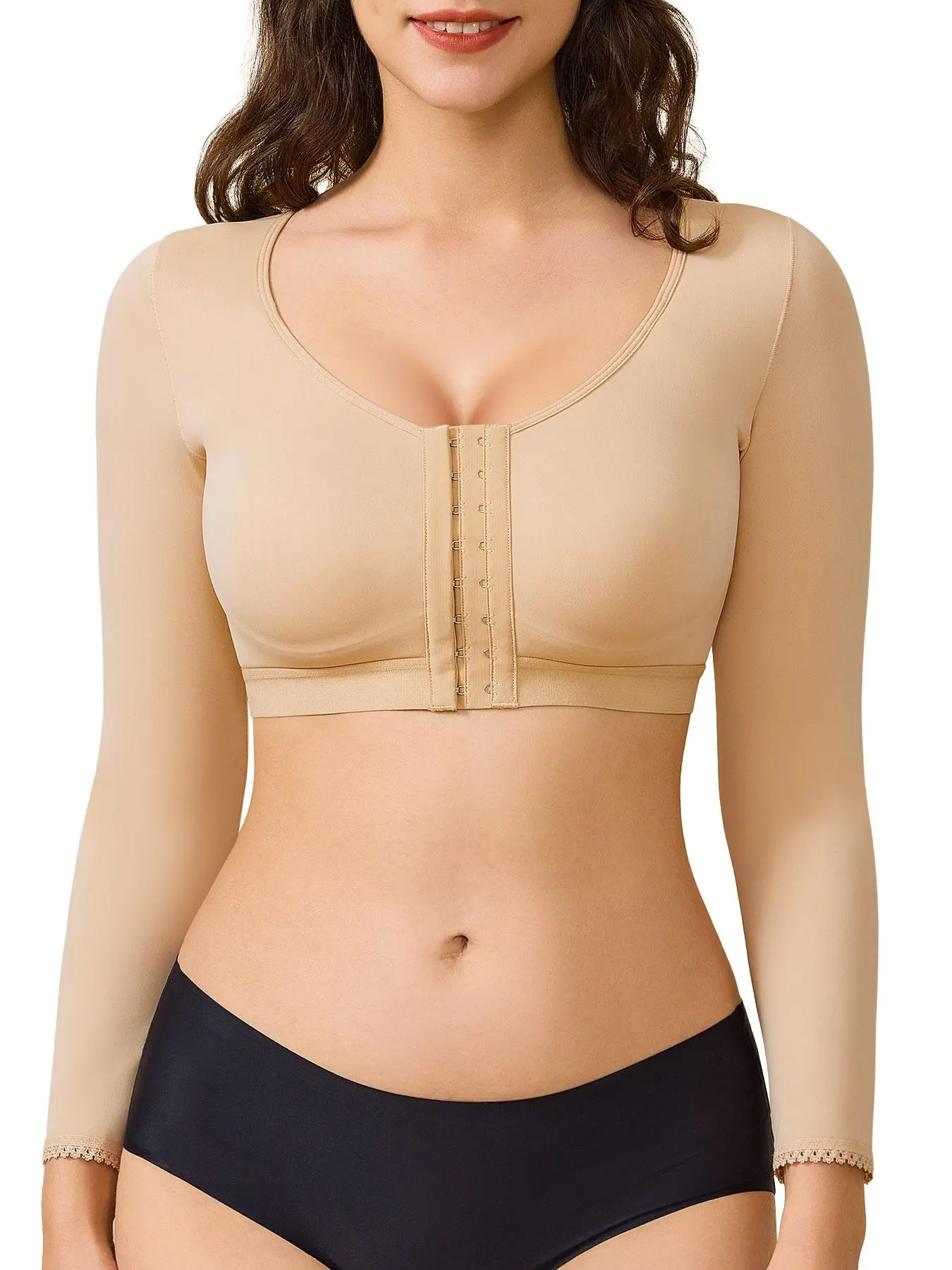 Women's Solid Long Sleeve Shapewear Top, High Stretch Front Buckle Design Shaper, Tummy Control Shapewear for Daily Wear