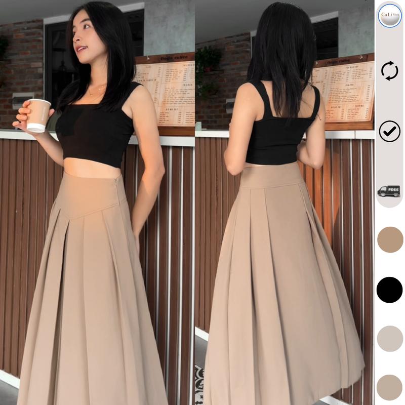 Chân Váy Sếp Ly Cạp Cao Dáng Dài 80cm
