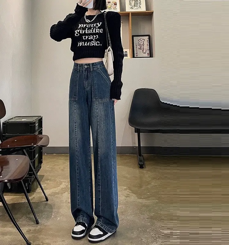 Quần Jean Xanh Cạp Cao tôn dáng HAZEE cao cấp - Quần Jean xuông hách dáng Pants Nữ Denim Thanh lịch Button Casual L Women Lưng Cao quần  jeans 3