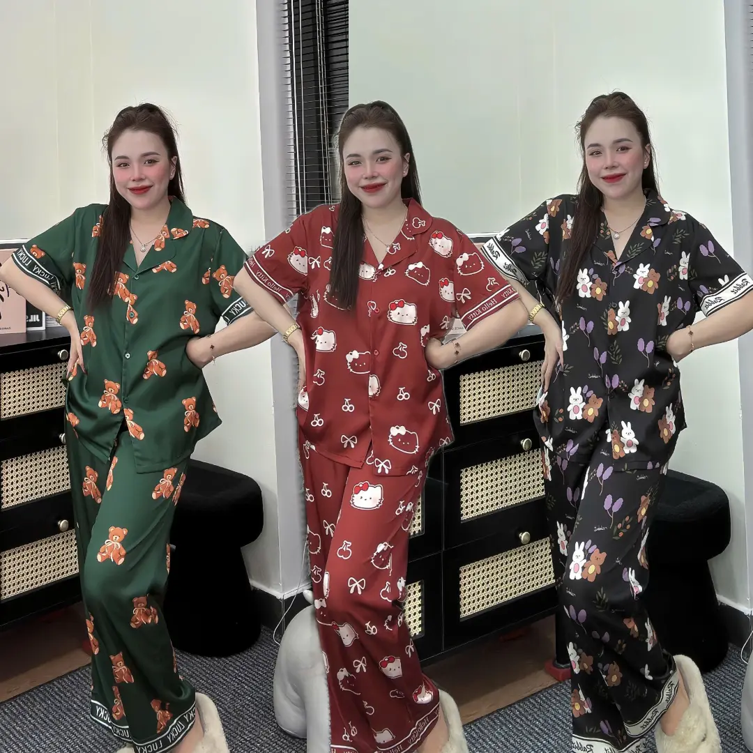 Đồ bộ ngủ tay ngắn viền chữ lụa latin mềm mát hoạ tiết in trẻ trung mặc nhà thoải mái có 2 size dành cho nữ dobo tay ngan