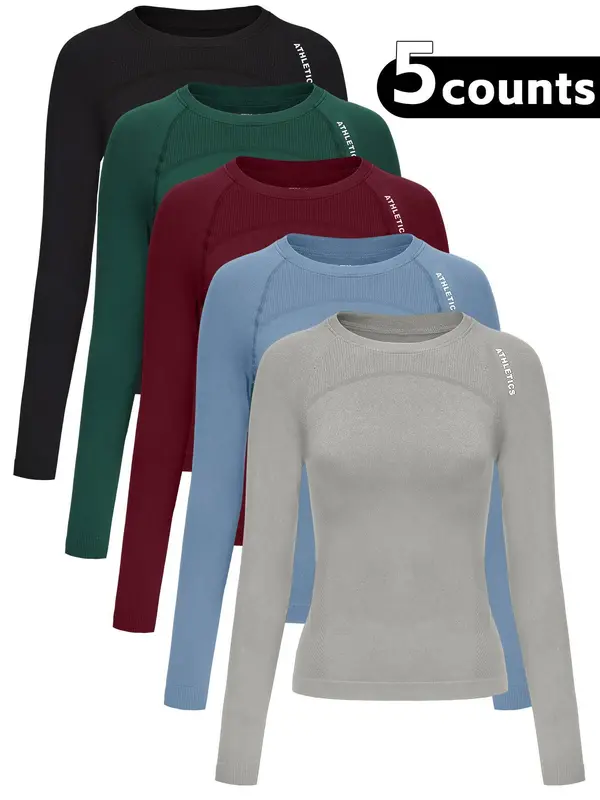 Women's Letter Print Baselayer Top, Long Sleeve Round Neck Compression Top for Yoga Gym Workout, Going Out Tops, Ladies Sportswear for Fall & Winter, Gym Wear, Workout Clothes Women, Athletic Style Activewear 7
