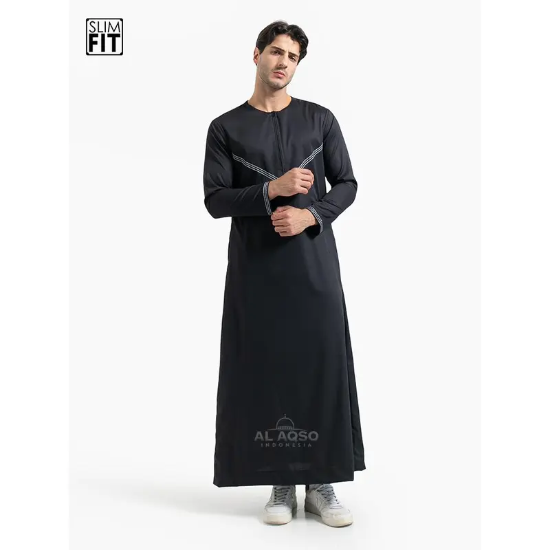 Al Aqso | Jubah Slimfit Thobe Gamis Pria Muslim Dewasa Premium Navy Abu Resleting Lengan Panjang | Jubah Osman 2